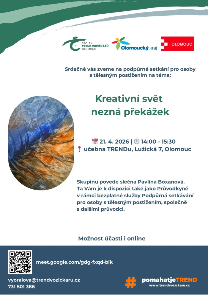 Pozvánka na podpůrné setkání pro osoby s tělesným postižením: Kreativní svět nezná překážek 21.4. 2026